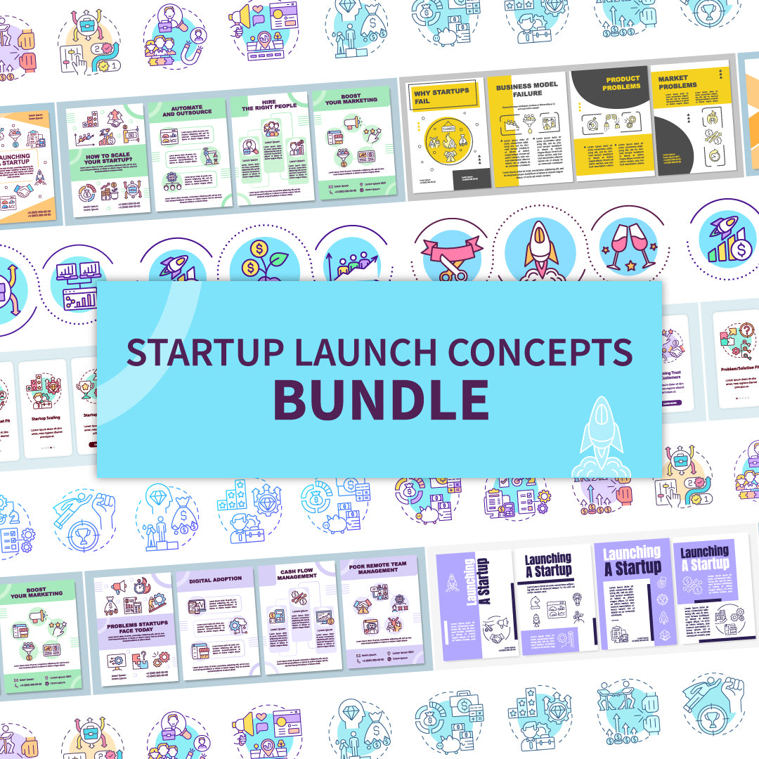 Startup launch concepts bundle. Fierce competition. Self motivation. Make business plan.