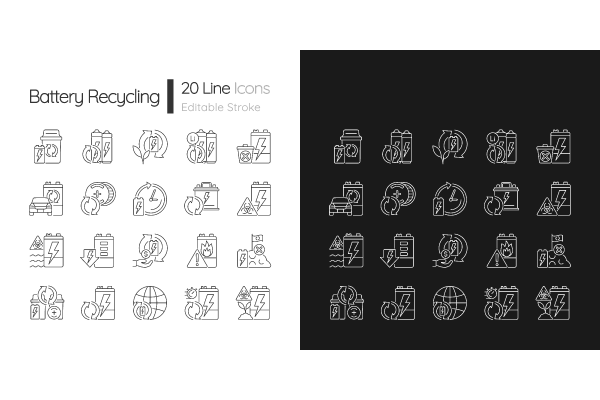 Battery recycling linear icons set