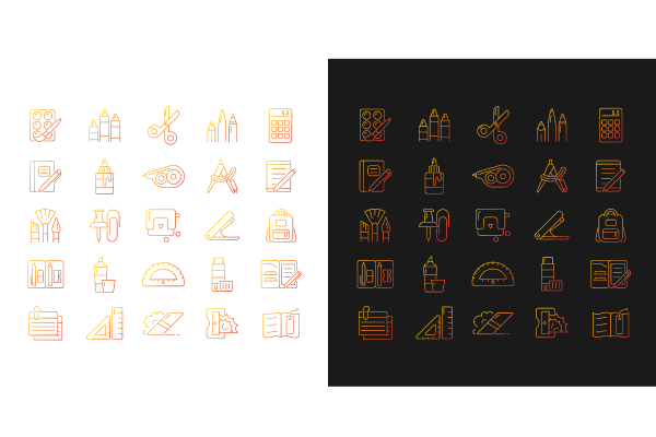 School supplies gradient icons set for dark and light mode. Must-have items for back to school. Thin line contour symbols bundle. Isolated vector outline illustrations collection on black and white.