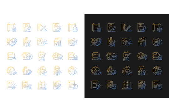 School subjects gradient icons set for dark and light mode. Humanities and applied sciences. Thin line contour symbols bundle. Isolated vector outline illustrations collection on black and white.