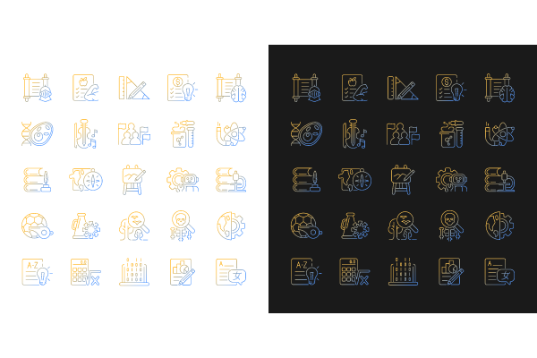 School subjects gradient icons set for dark and light mode. Humanities and applied sciences. Thin line contour symbols bundle. Isolated vector outline illustrations collection on black and white.