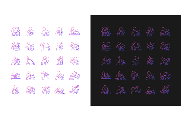 Parent and child interaction gradient icons set for dark and light mode. Emotional closeness. Thin line contour symbols bundle. Isolated vector outline illustrations collection on black and white.