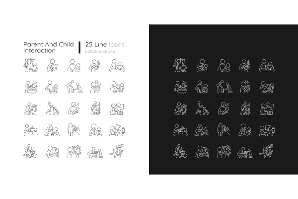 Parent and child interaction linear icons set for dark and light mode. Building emotional closeness. Customizable thin line symbols. Isolated vector outline illustrations.