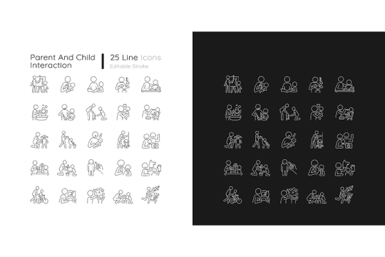 Parent and child interaction linear icons set for dark and light mode. Building emotional closeness. Customizable thin line symbols. Isolated vector outline illustrations.