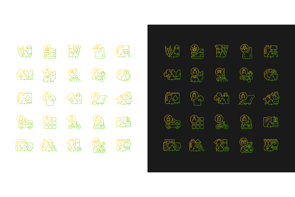 Recycled materials gradient icons set for dark and light mode. Eco friendly products. Thin line contour symbols bundle. Isolated vector outline illustrations collection on black and white.