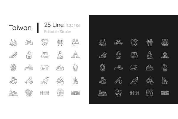 Taiwan linear icons set for dark and light mode. Taiwanese traditional national items. Ethnic heritage. Customizable thin line symbols.