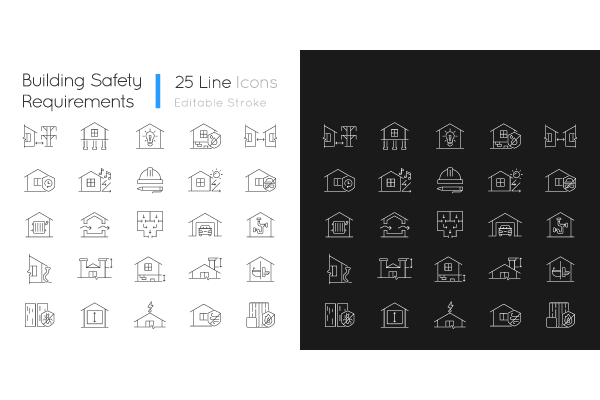 Building safety requirements linear icons set for dark and light mode. Standards for buildings design. Customizable thin line symbols. Isolated vector outline illustrations.