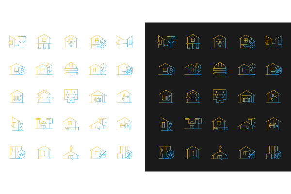 Building safety requirements gradient icons set for dark and light mode. Remodeling house. Thin line contour symbols bundle. Isolated vector outline illustrations collection on black and white.