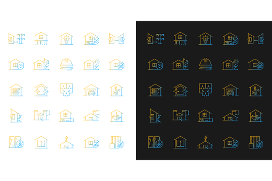 Building safety requirements gradient icons set for dark and light mode. Remodeling house. Thin line contour symbols bundle. Isolated vector outline illustrations collection on black and white.