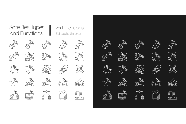 Satellites types linear icons set for dark and light mode. Celestial bodies observation, exploration system. Customizable thin line symbols. Isolated vector outline illustrations.