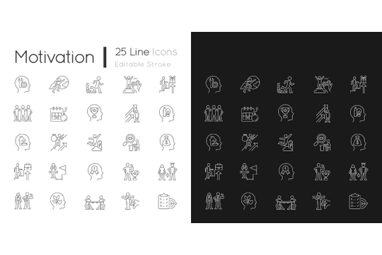 Motivation linear icons set for dark and light mode. Goal accomplishment. Force to achieve aim. Customizable thin line symbols.