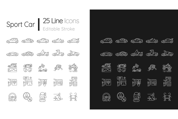 Auto racing linear icons set for dark and light mode. Driving sports cars. Advanced automotive technology. Customizable thin line symbols.