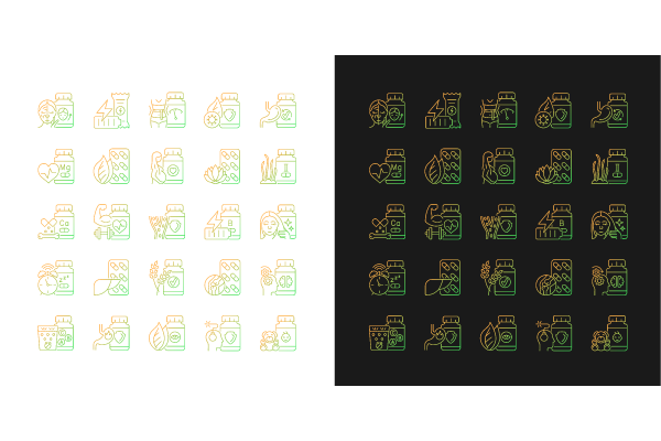 Food supplements gradient icons set for dark and light mode. Source of vitamins and nutrients. Thin line contour symbols bundle. Isolated vector outline illustrations collection on black and white.