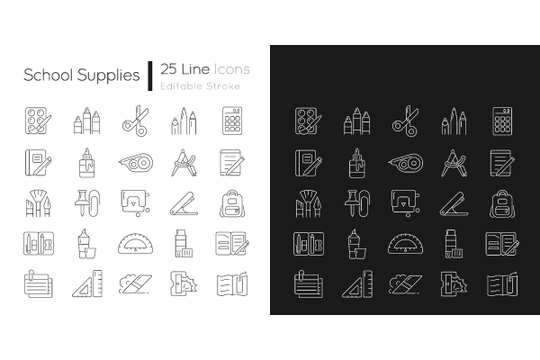 School supplies linear icons set for dark and light mode. Must-have items for back to school. Art classroom. Customizable thin line symbols.