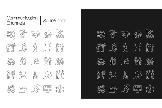 Communication channel linear icons set for dark and light mode. Body language. Language barriers. Eye contact.