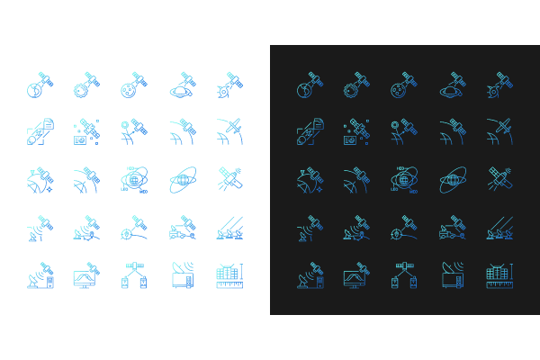 Satellites types gradient icons set for dark and light mode for dark and light mode. Thin line contour symbols bundle. Isolated vector outline illustrations collection on black and white.  This package contains a set of icons such us:25 dark mode gradient icons;25 light mode gradient icons.