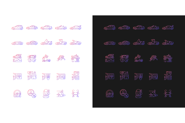 Auto racing gradient icons set for dark and light mode. Advanced automotive technology. Thin line contour symbols bundle. Isolated vector outline illustrations collection on black and white.