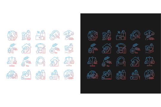 Hunger and food security gradient icons set for dark and light mode. Poverty and starvation. Thin line contour symbols bundle. Isolated vector outline illustrations collection on black and white.