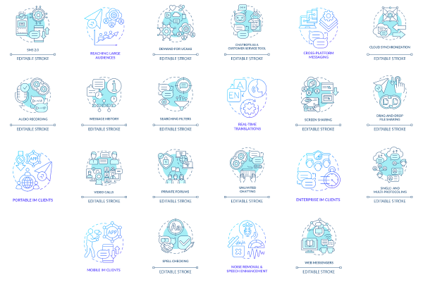 Unlimited chatting. Messaging software blue concept icons bundle. Spell checking. Online communication service idea thin line color illustrations.