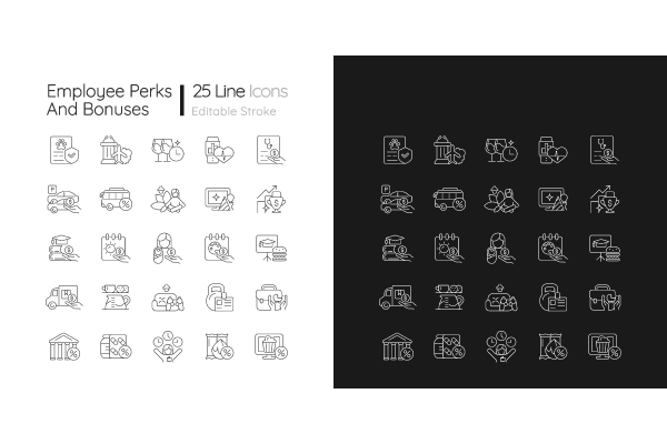 Employee perks and bonuses linear icons set for dark and light mode. Workplace benefits. Special payment. Customizable thin line symbols.