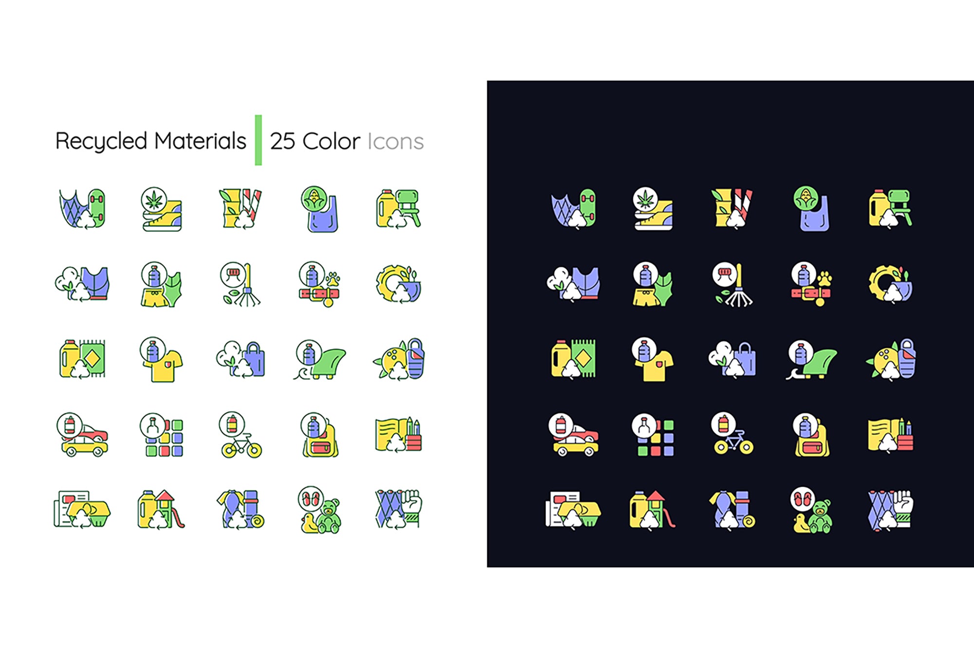 Recycled materials light and dark theme RGB color icons set. Sustainable option. Eco friendly product. Isolated vector illustrations on white and black space.