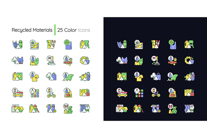 Recycled materials light and dark theme RGB color icons set. Sustainable option. Eco friendly product. Isolated vector illustrations on white and black space.
