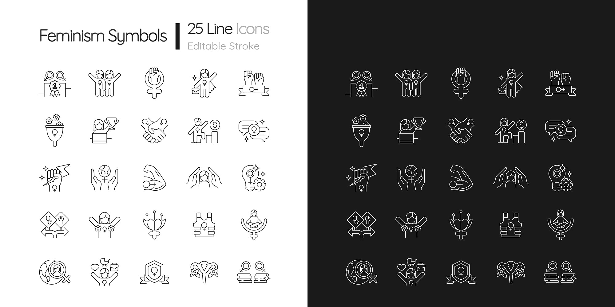 Feminism symbols linear icons set for dark and light mode. Supporting equal rights for women. Girl power. Customizable thin line symbols.