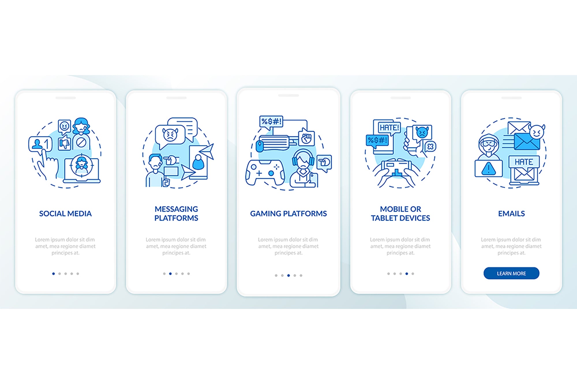 Cyberbullying sources onboarding mobile app page bundle