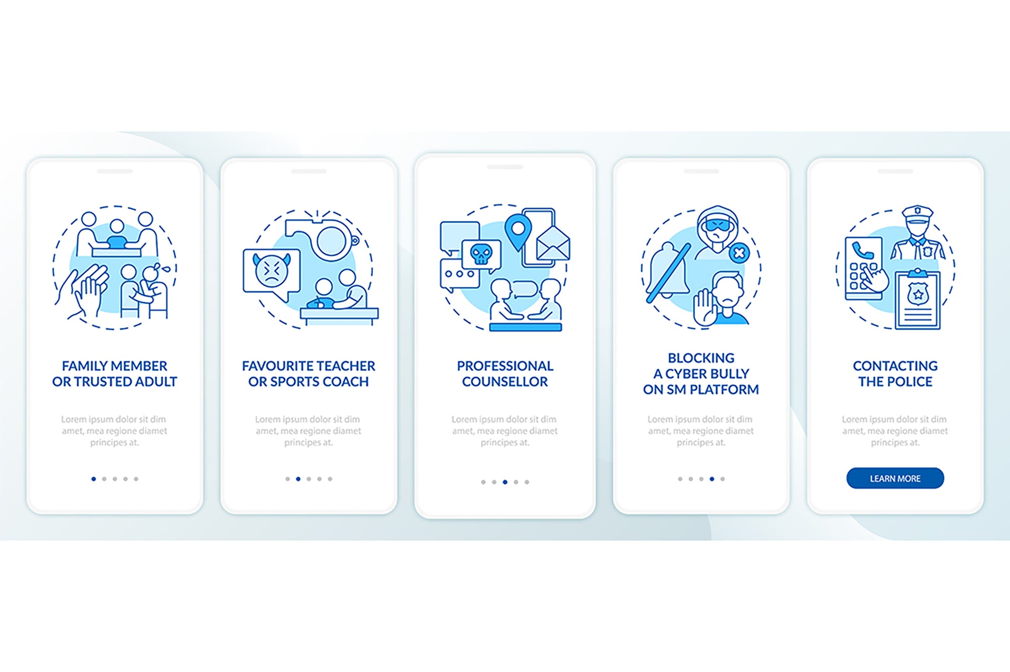 Cyberbullying sources onboarding mobile app page bundle