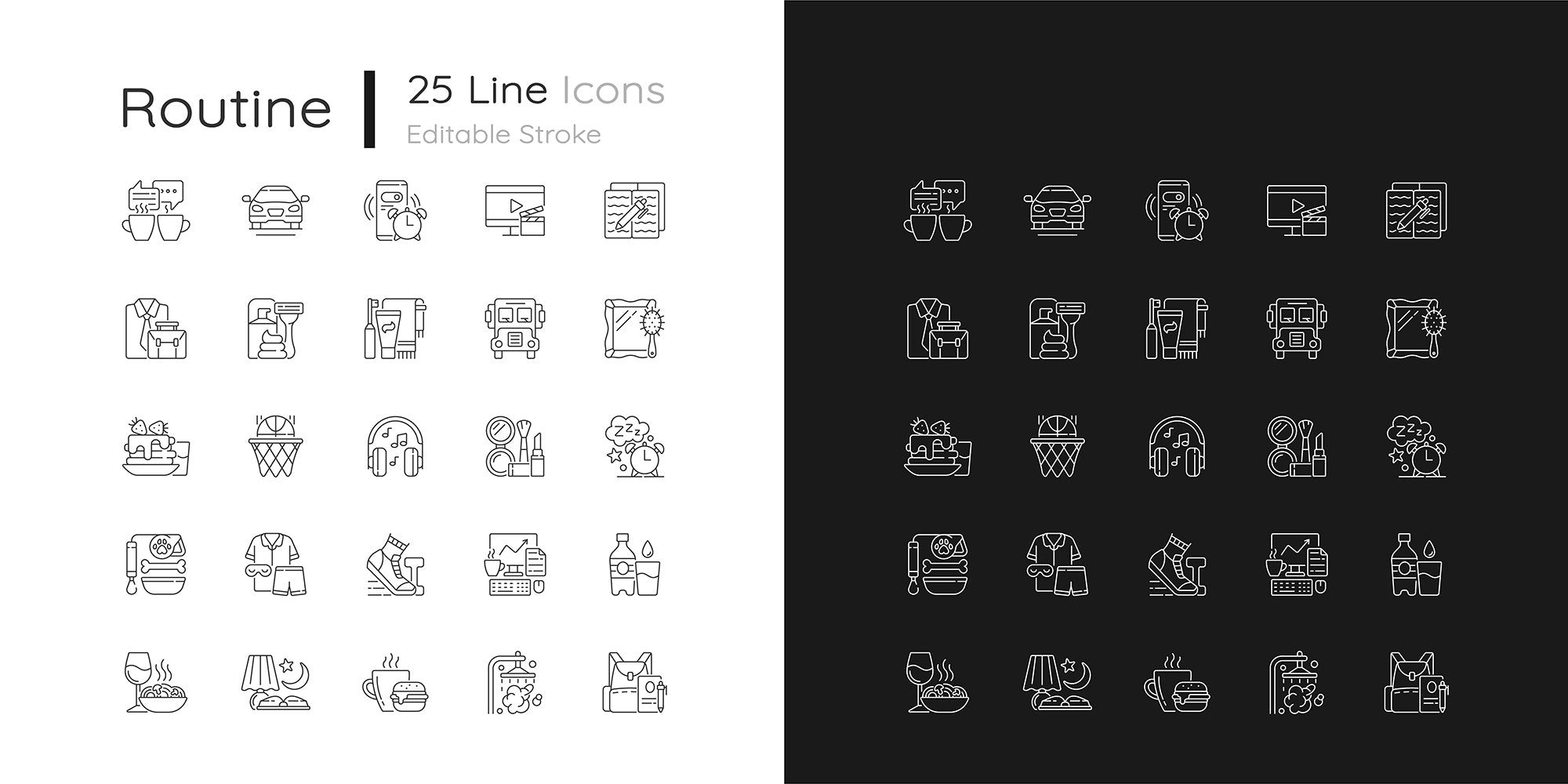 Everyday routine linear icons set for dark and light mode. Alarm clock. Coffee break. Tranposrt for transit.