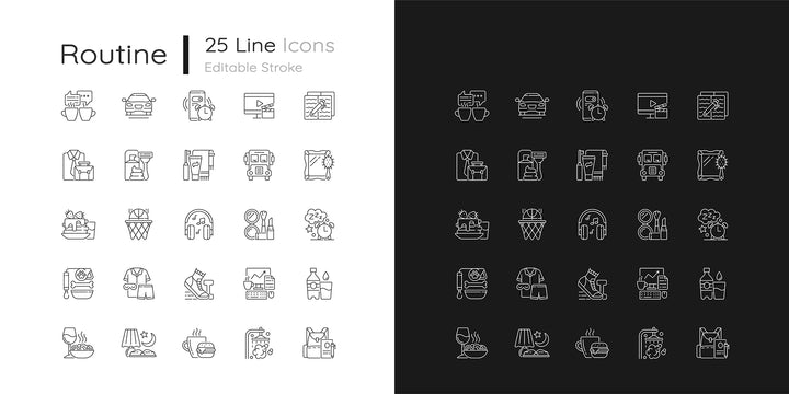 Everyday routine linear icons set for dark and light mode. Alarm clock. Coffee break. Tranposrt for transit.