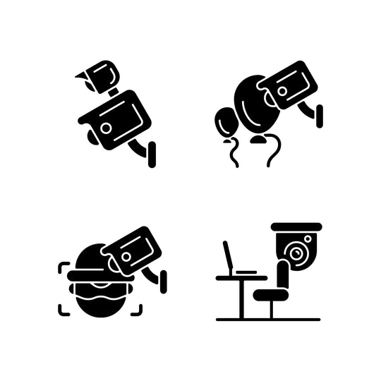 Surveillance and security systems black glyph icons set on white space