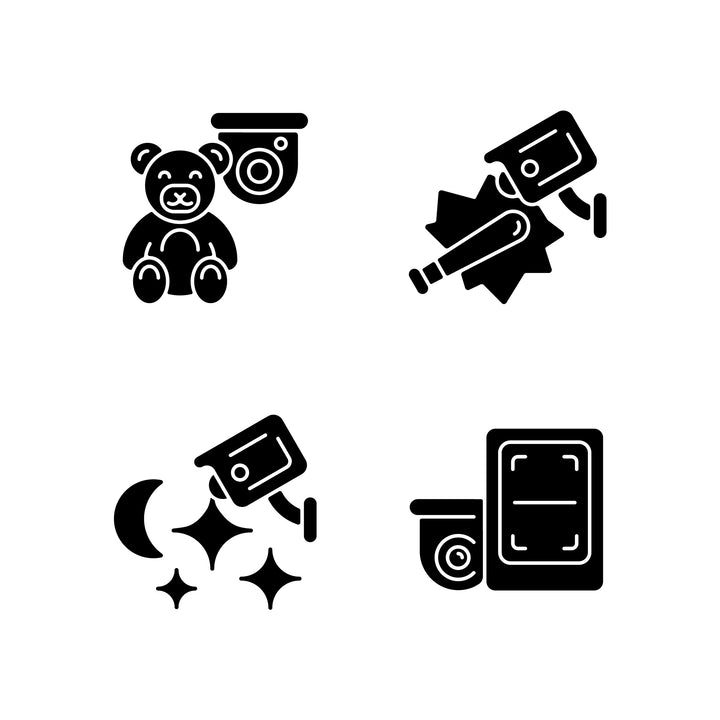 Surveillance and security systems black glyph icons set on white space