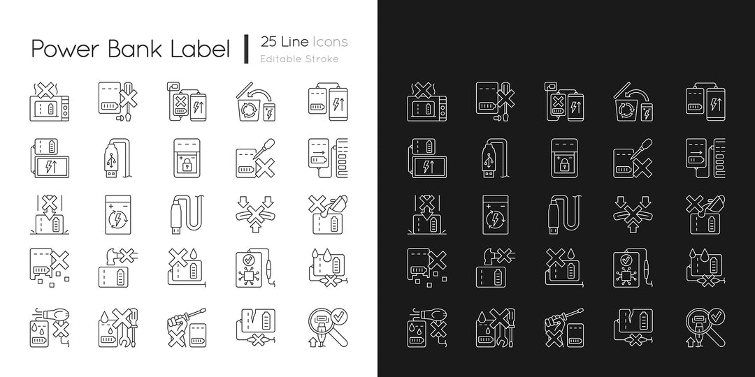 Power bank usage linear manual label icons set for dark and light mode. Customizable thin line symbols. Isolated vector outline illustrations for product use instructions. Editable stroke  This package contains a set of icons such us:25 dark mode linear icons;25 light mode linear icons.