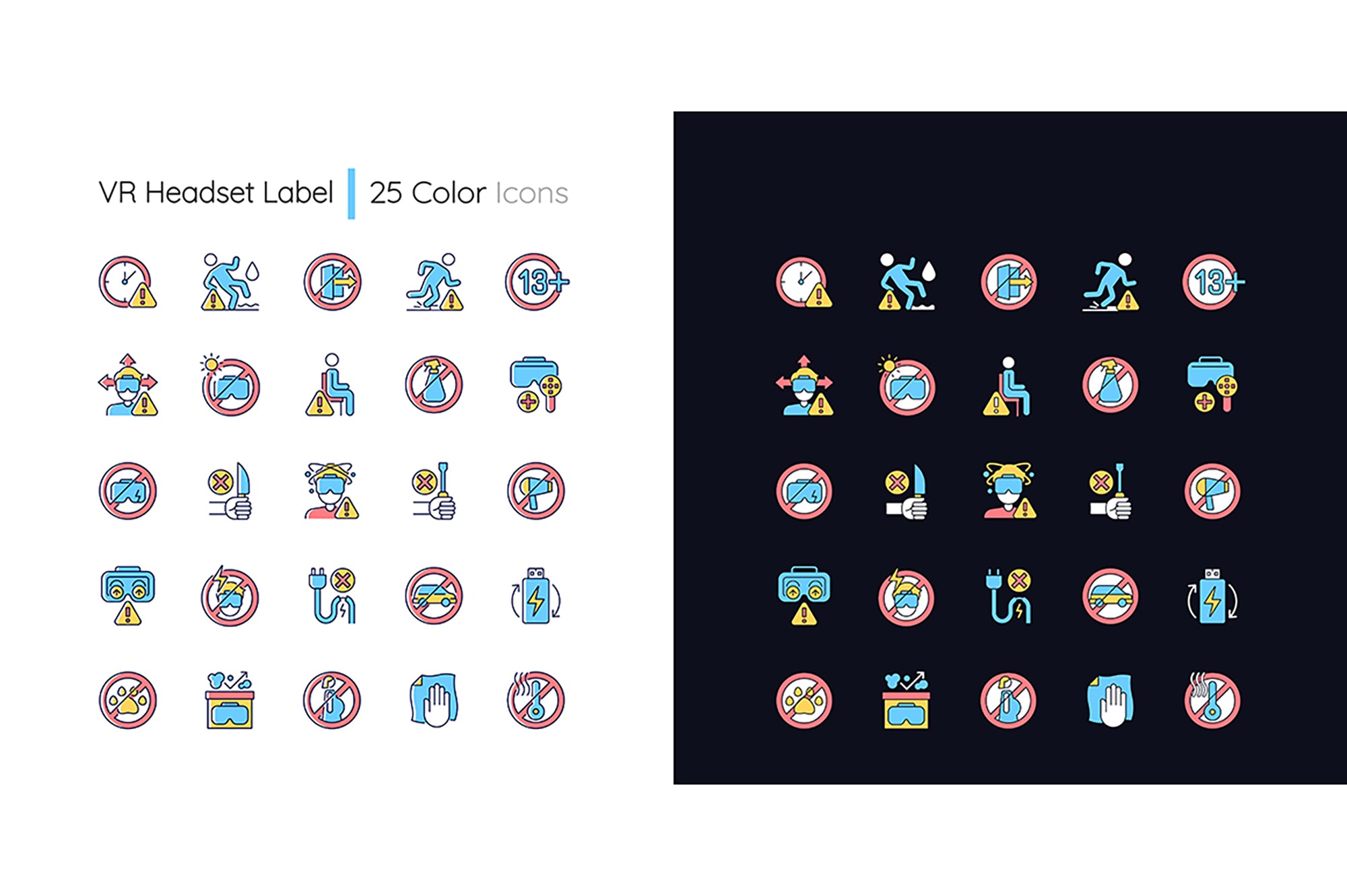 VR headset light and dark theme RGB color manual label icons set. Isolated vector illustrations on white and black space. Simple filled line drawings pack for product use instructions  This package contains a set of icons such us:25 dark mode color icons;25 light mode color icons. COMMERCIAL LICENSE AGREEMENT - UNLIMITED USE If you need license with more options for use, have any questions about products or problems with your order please contact us via manager@papavector.