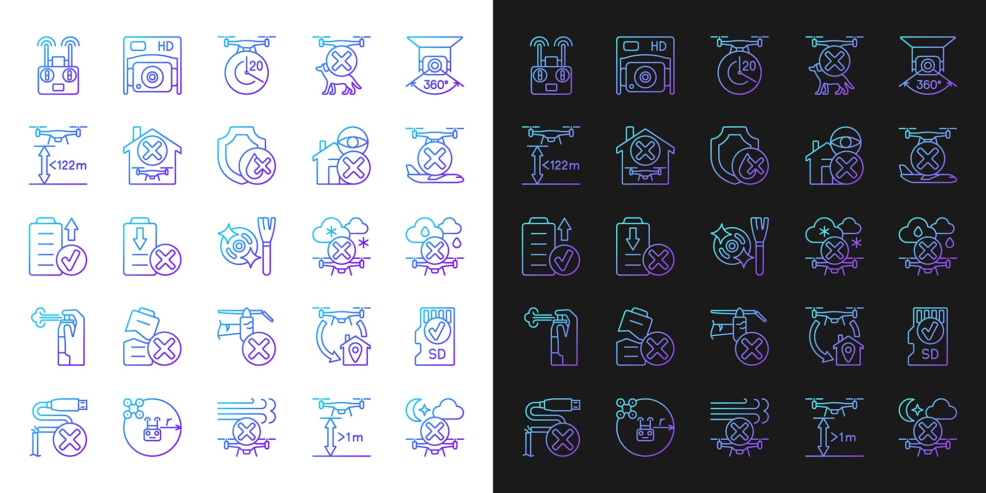 Drone usage gradient manual label icons set for dark and light mode set. Thin line contour symbols bundle. Isolated vector outline illustrations collection on black and white for product use instructions  This package contains a set of icons such us:25 dark mode gradient icons;25 light mode gradient icons. COMMERCIAL LICENSE AGREEMENT - UNLIMITED USE If you need license with more options for use, have any questions about products or problems with your order please contact us via manager@papavector.