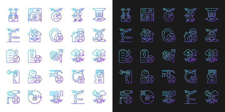 Drone usage gradient manual label icons set for dark and light mode set. Thin line contour symbols bundle. Isolated vector outline illustrations collection on black and white for product use instructions  This package contains a set of icons such us:25 dark mode gradient icons;25 light mode gradient icons. COMMERCIAL LICENSE AGREEMENT - UNLIMITED USE If you need license with more options for use, have any questions about products or problems with your order please contact us via manager@papavector.