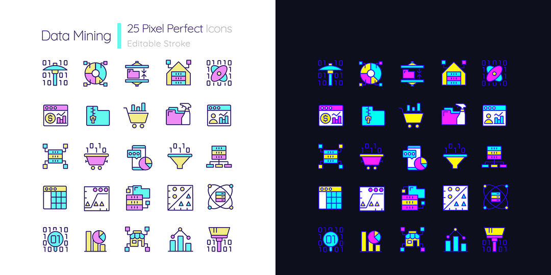 Data mining light and dark theme RGB color pixel perfect icons set