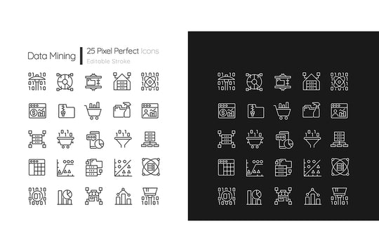Data mining linear pixel perfect icons set for dark and light mode