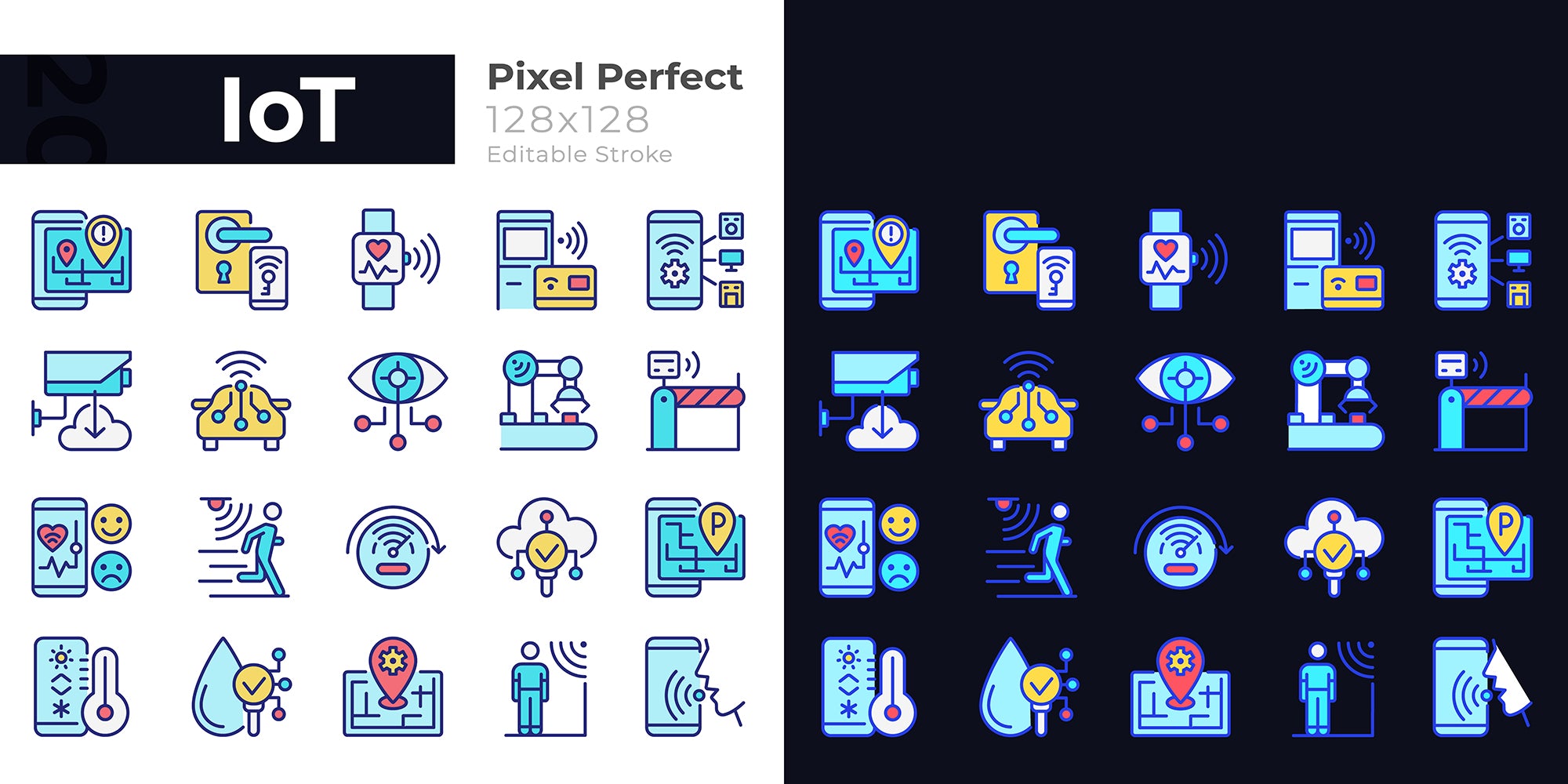 IoT pixel perfect light and dark theme color icons set