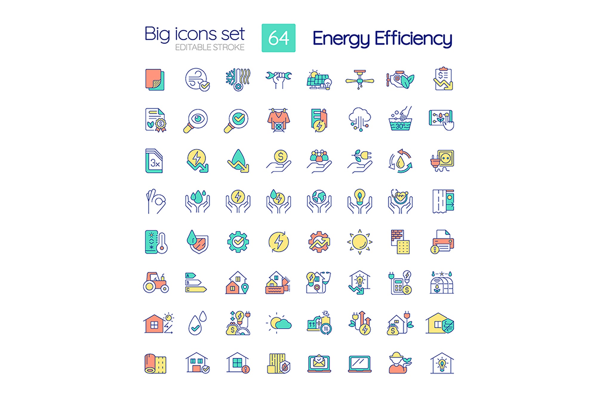 Energy efficiency RGB color icons set