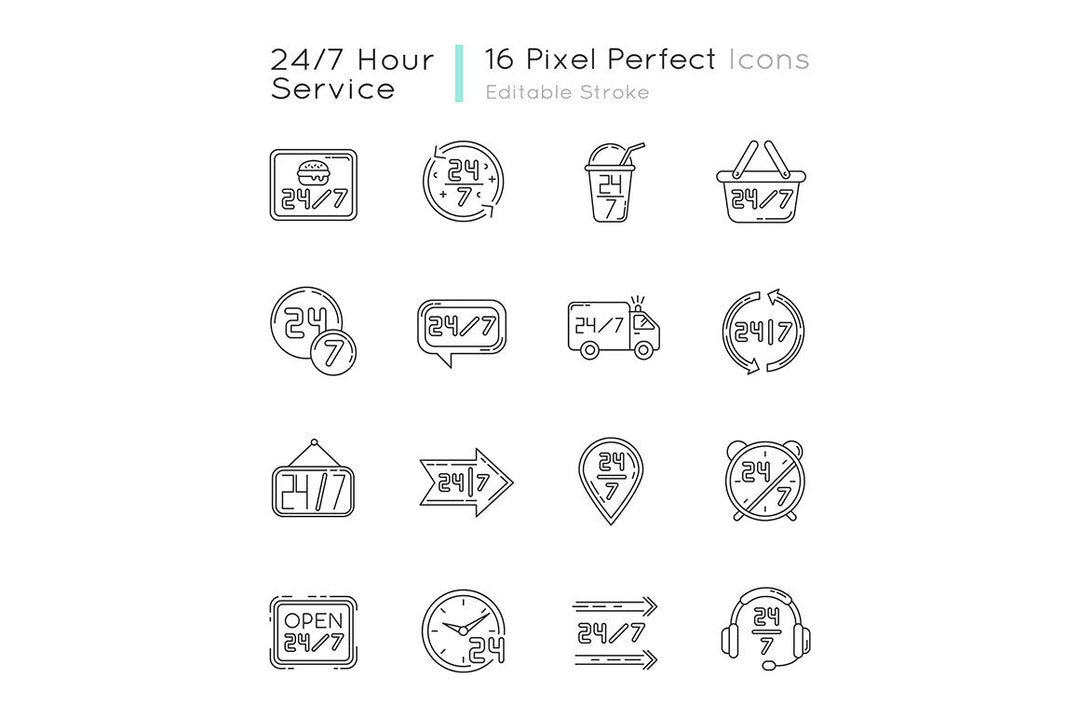 24 7 hour service pixel perfect linear icons set
