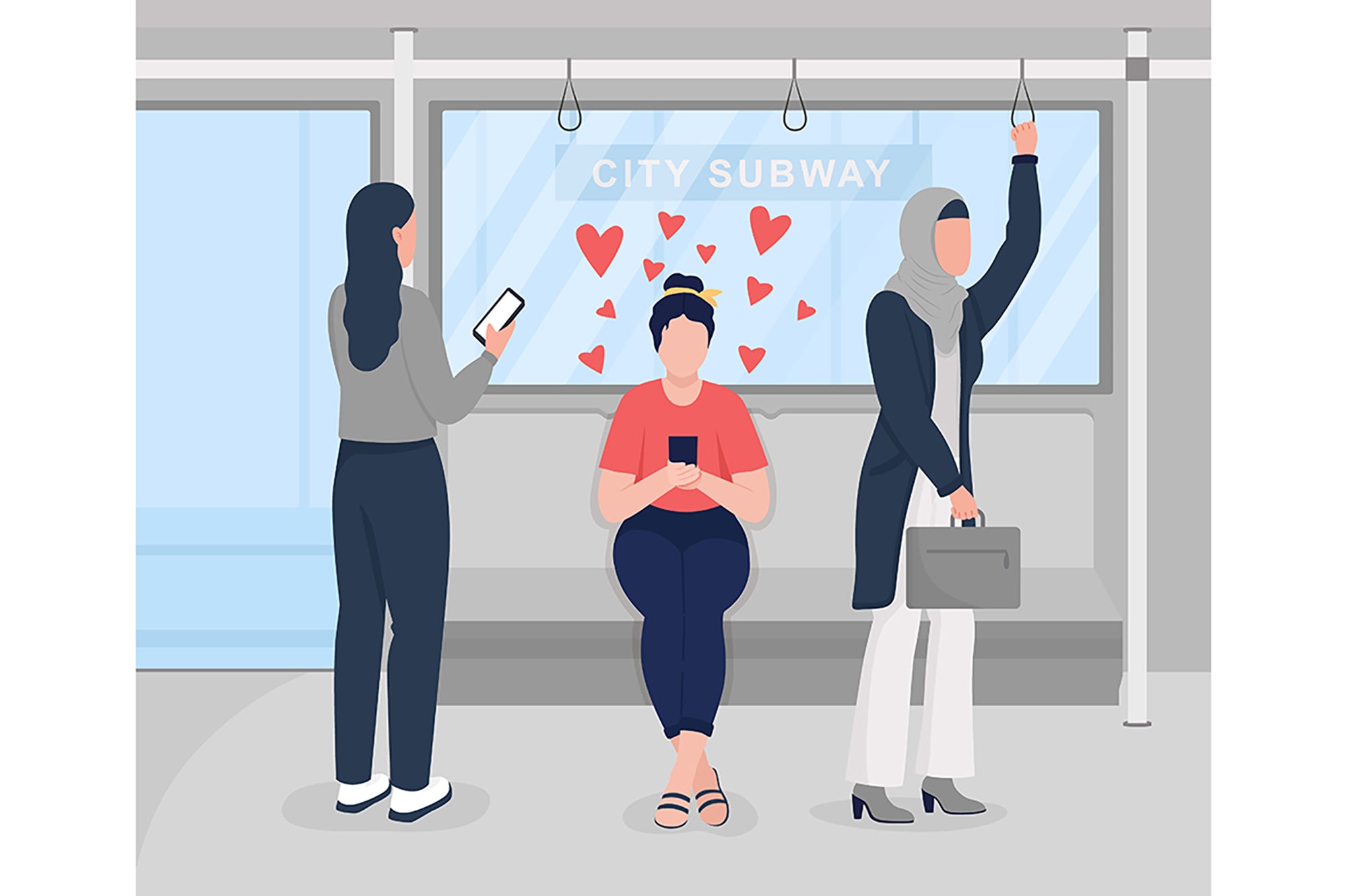 Online chatting with partner on underground flat color vector illustrations set