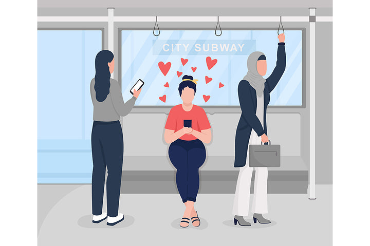 Online chatting with partner on underground flat color vector illustrations set