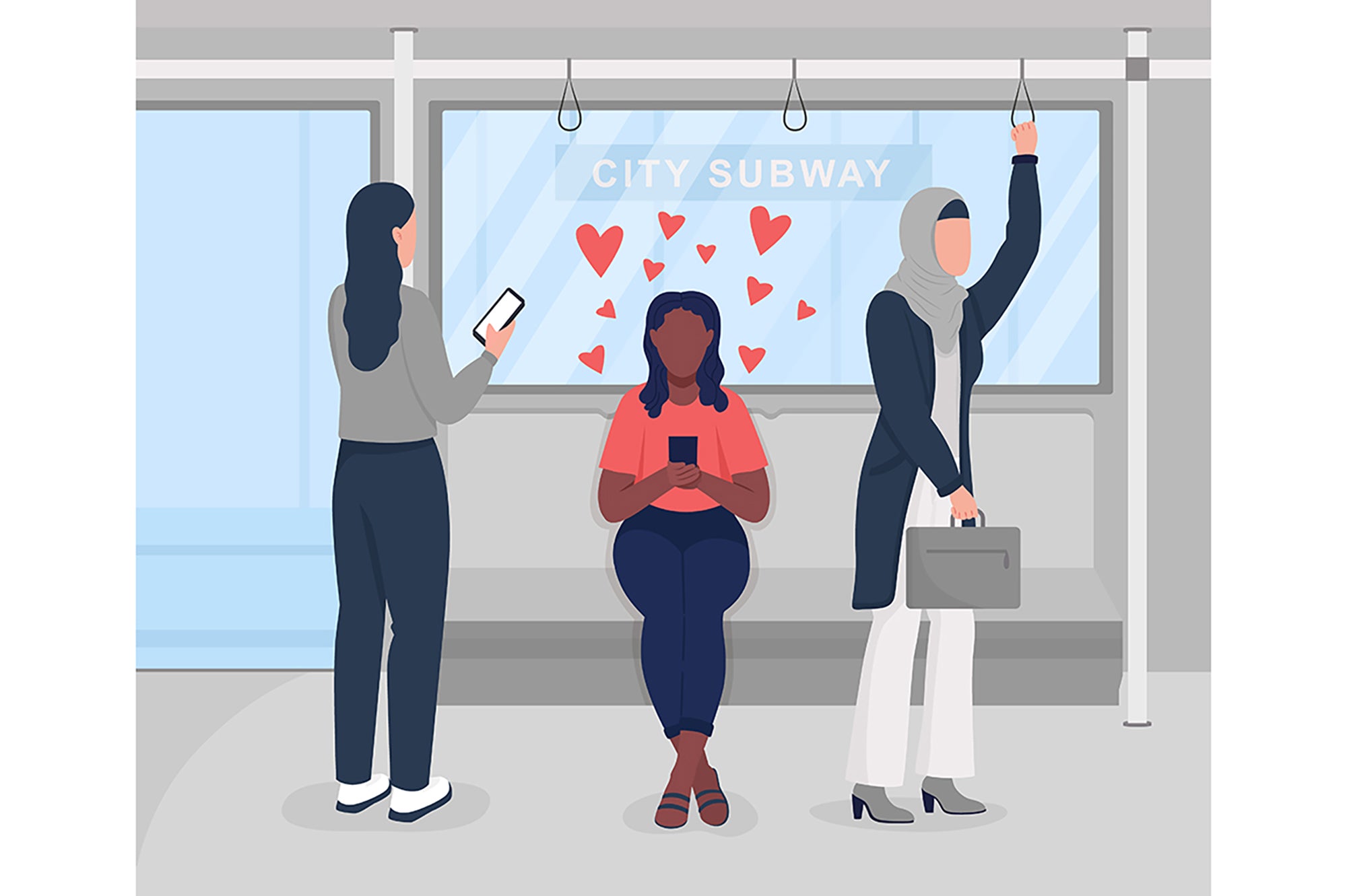 Online chatting with partner on underground flat color vector illustrations set