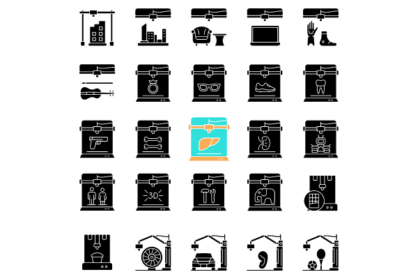 3d printing technology black glyph icons set