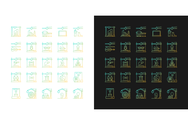 3d printing technology gradient icons set for dark and light mode