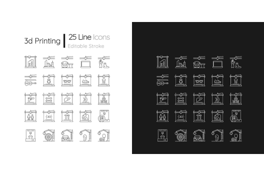 3d printing technology linear icons set for dark and light mode