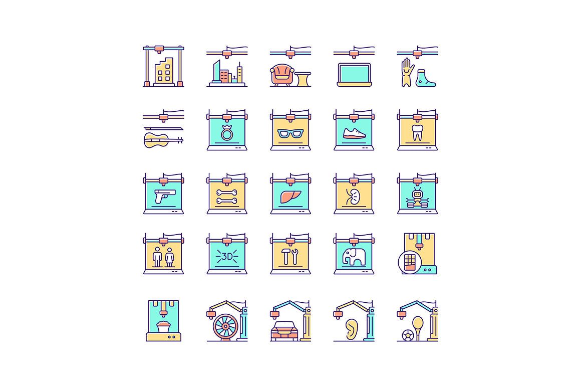 3d printing technology RGB color icons set