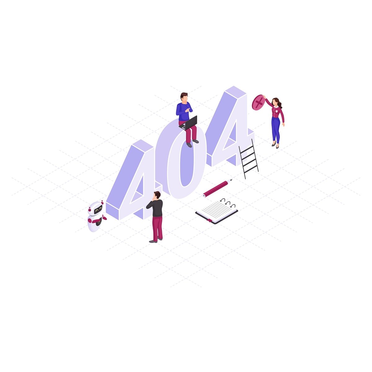 404 error display isometric illustrations set
